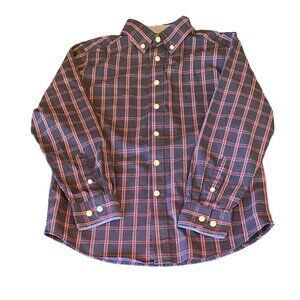 Mason James Boys Stretch Plaid Button-Down Shirt Size 10/12 Navy Red Long Sleeve